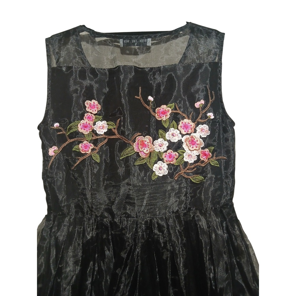 With The Win Black Organza Cherry Blossom Floral Embroidered Mini Dress Small - Picture 8 of 15